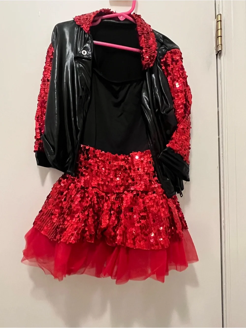 Weissman Red Sequin Layered Party Dress with Black Faux Leather Jacket